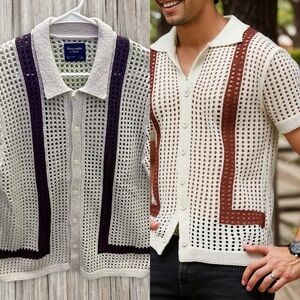Abercrombie & Fitch Men’s Cream and Brown Knit Shirt S